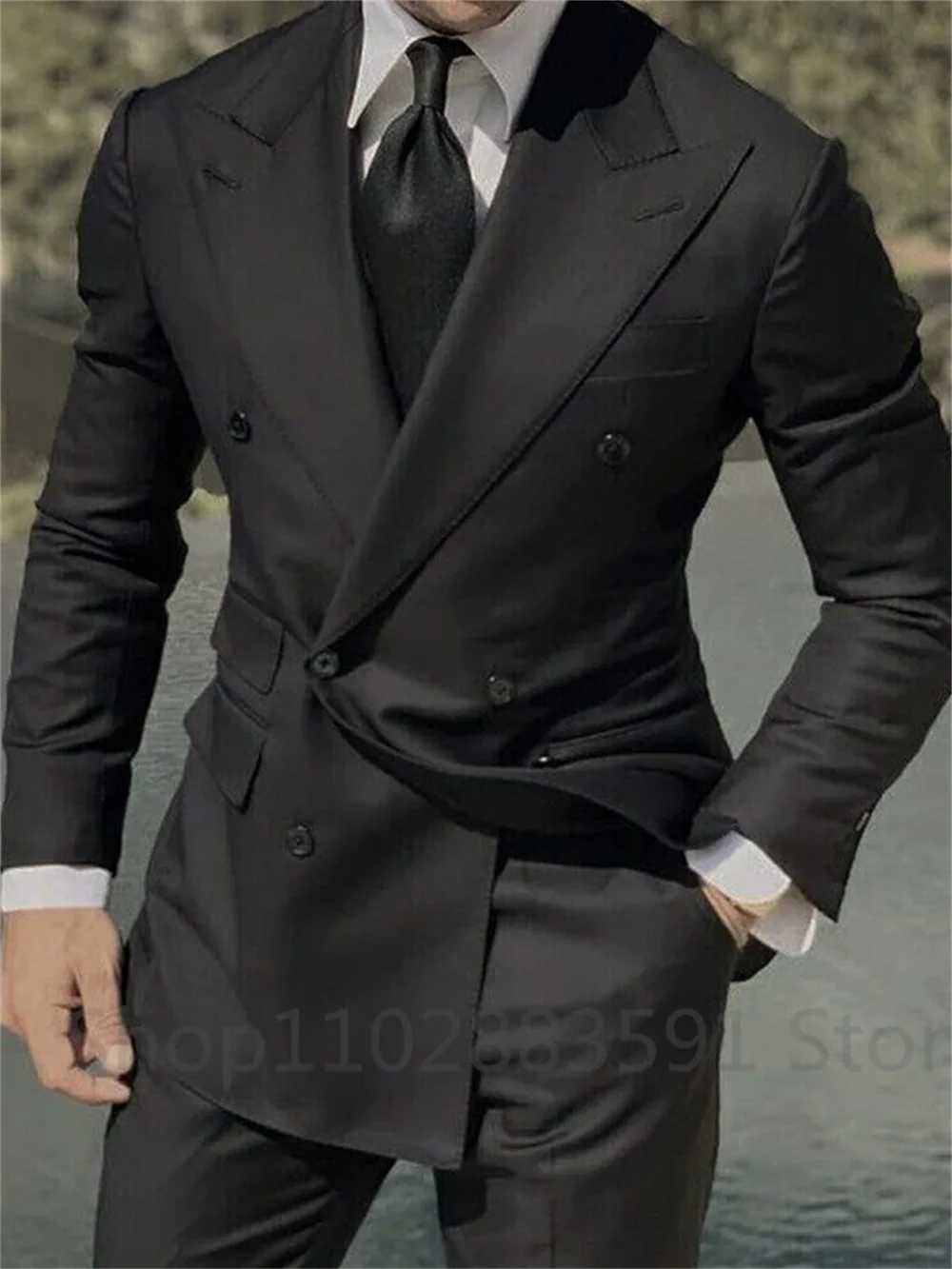 Navy Blue Double Breasted Jacket Only Costume Homme Men Suits Tuxedo Groom Wedding Slim Fit Terno Masculino Blazer 1 Piece