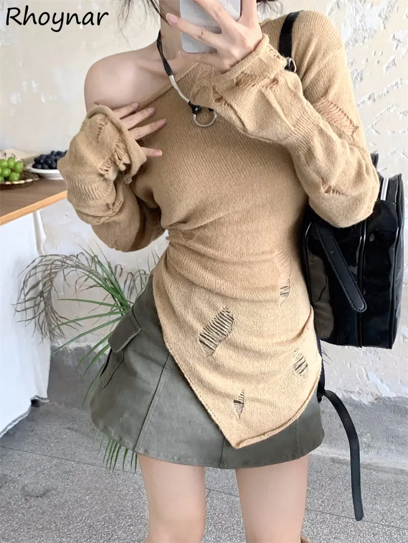 

Hole Korean Style Irregular Pullovers Women Autumn Lazy Retro Slim Frayed High Street Ulzzang Knitwear Hipster All-match Cozy BF