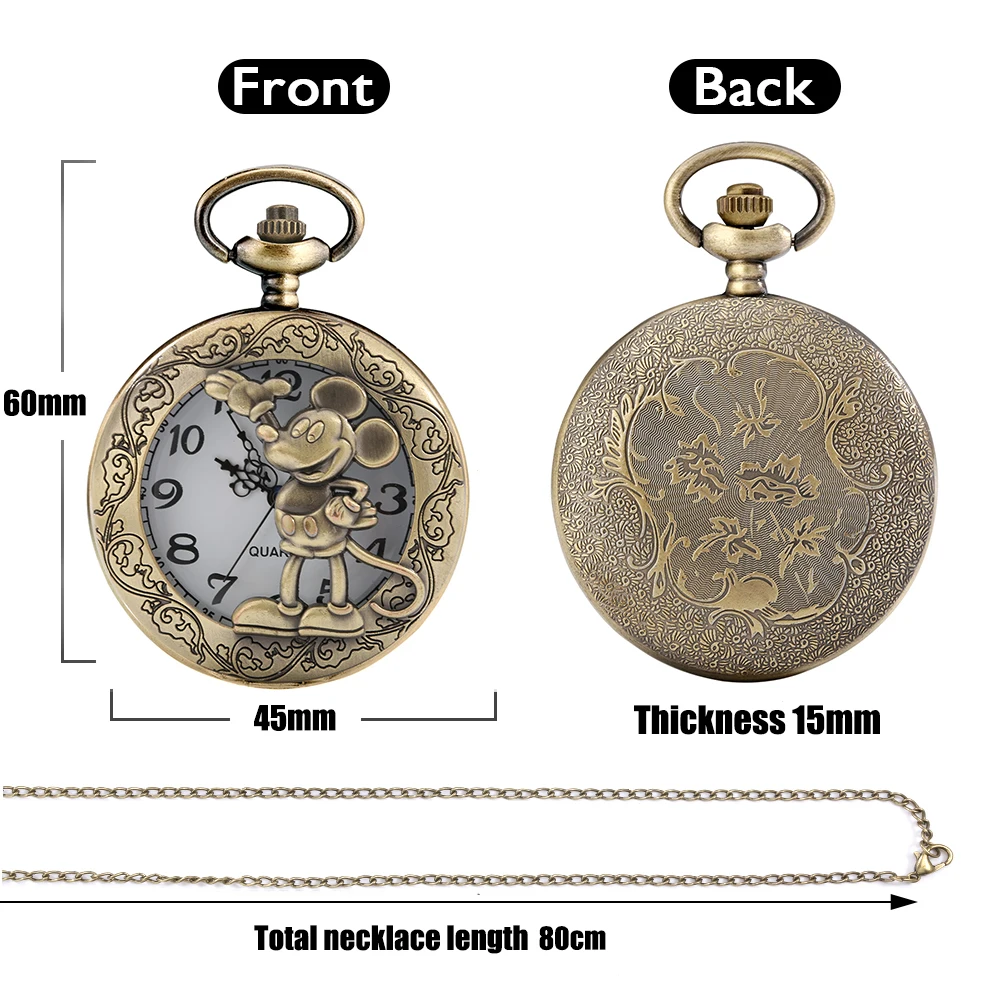 Altmodische Comic Cartoon Bronze Maus Muster Quarz Taschenuhr Halskette Anhänger FOB Antike Uhr mit 80cm/30cm Kette – Detail 1