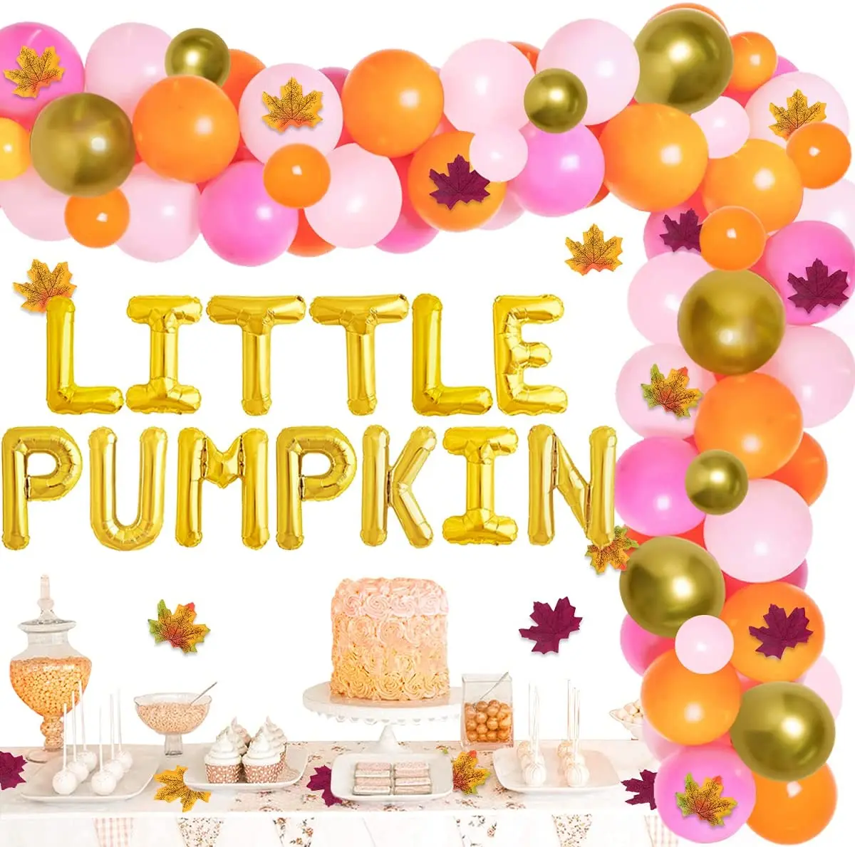 

Little Pumpkin Baby Shower Decorations Girl Fall Thanksgiving Balloon Arch Kit with Artificial Maple Leaves for Birthday Party