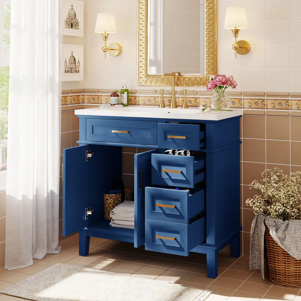 36-inch Bathroom Vanity with Resin Sink, Modern Bathroom Cabinet in Blue, Featuring Two Soft Close Doors and Four Drawers 2