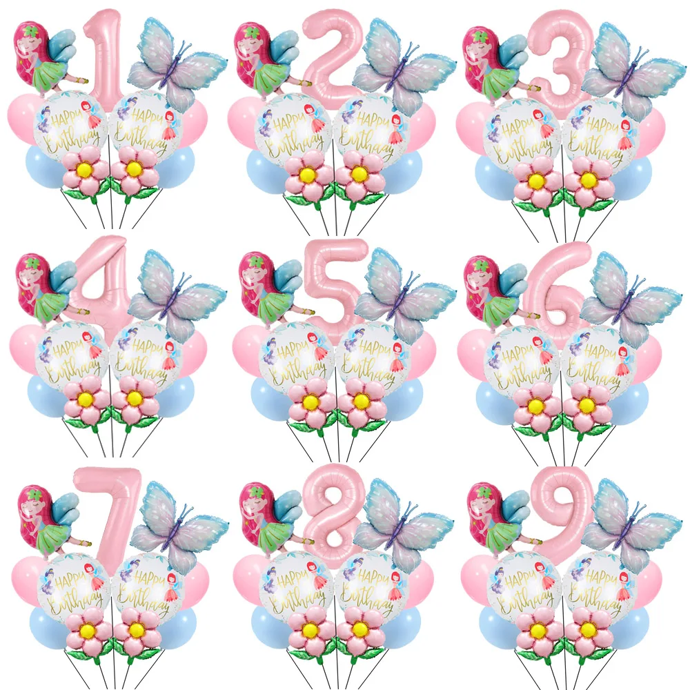 

17pcs Flower Fairy Balloons Butterfly Balloon1-9th Birthday Decorations for Girls Butterfly Theme Birthday Party Supplies Decor