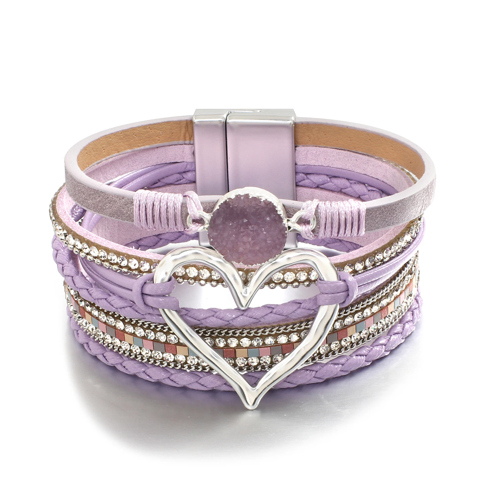 Metal Love Heart Charm Leather Bracelets bangle bracelet,leather bracelets,leather bracelet For Women Fashion Rhinestone Braided Wrap Bangle Female Jewelry