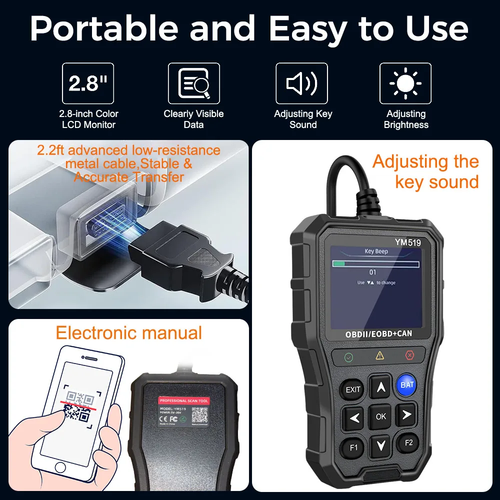 Battery Tester Code Reader Fault Code Scanner OBD2 Code Reader Multi-language YM519 Car Diagnostic Tool Check Engine System 6