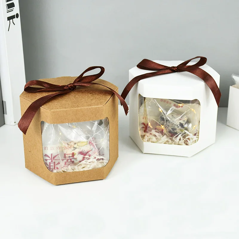 5Pcs Hexagon Kraft Paper Gift Boxes with Transparent Window, Brown and White Dessert Pa... - SKU HKGB1923 - UGI Packaging