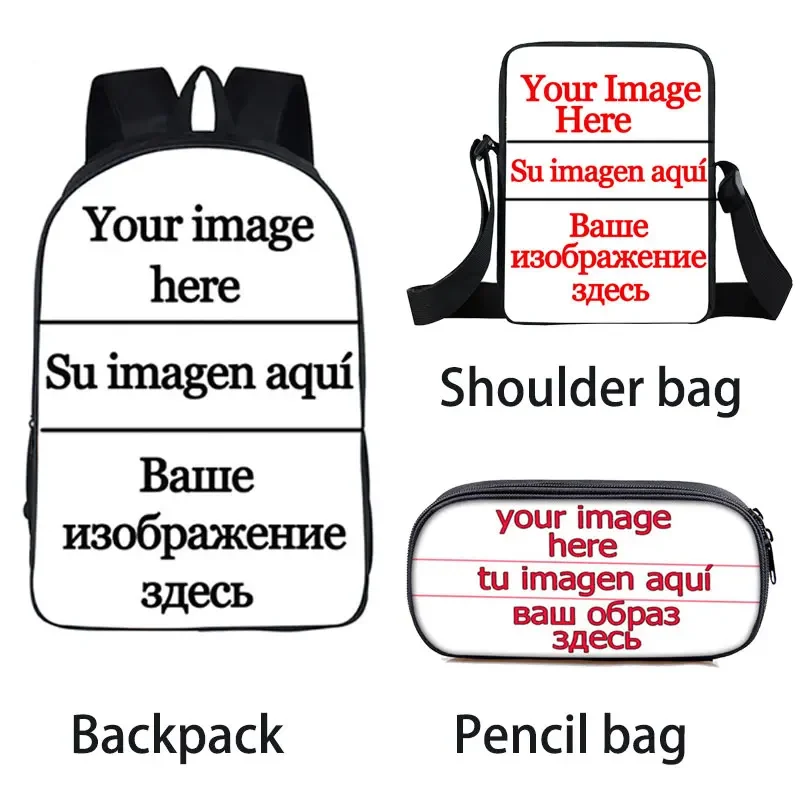 Customize Your Logo/ Name/ Image Backpack 3pcs/Set Children Pencil Bag Messenger Bags Portable Lunch Bag Boys Girls BookBag