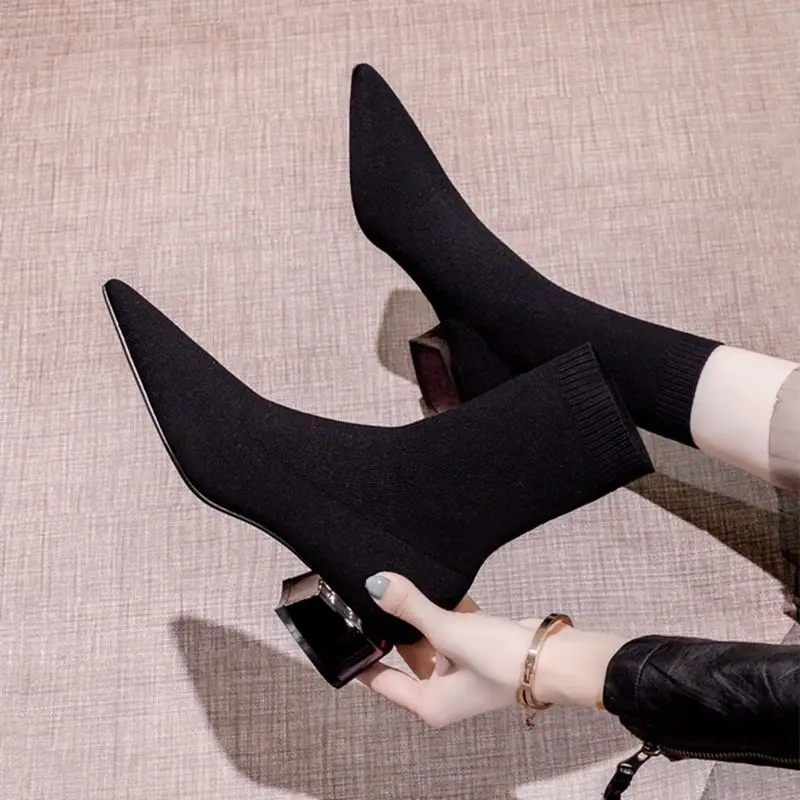 Comemore Women's Dress Pointed Mid-heeled Short Ankle Boot Female Autumn Knitted Block Low Heel High Socks Boots Ankle Boots Women High Heeled Boots