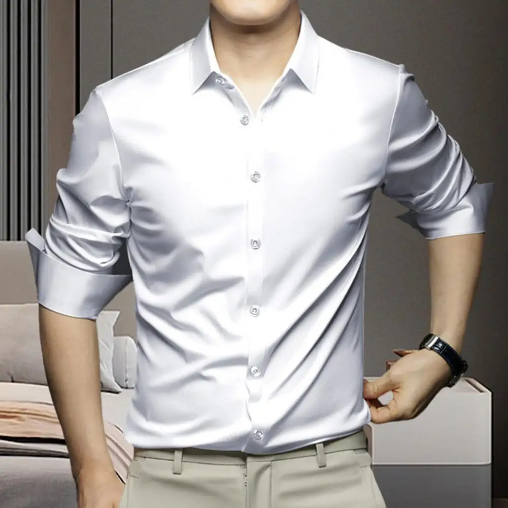 

Men Fall Business Shirt Formal Occasion Shirt Top Turn-down Collar Long Sleeve Silky Fabric Solid Color Men Mid Length Shirt
