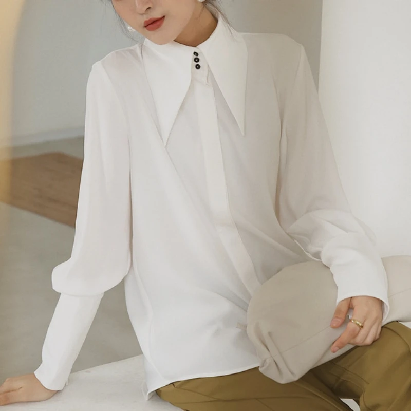 White Satin Long Sleeve Blouse for Women