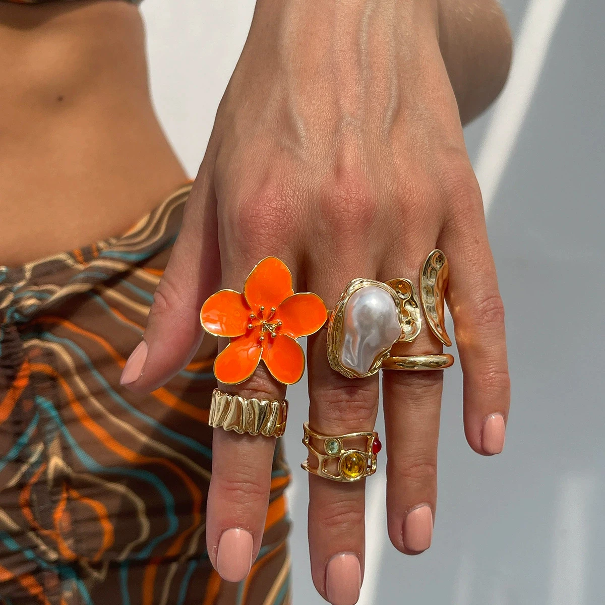 真珠の花デザインリング ゴールド Rings Set Vintage Gold Color Geometric Pearl Flower Metal