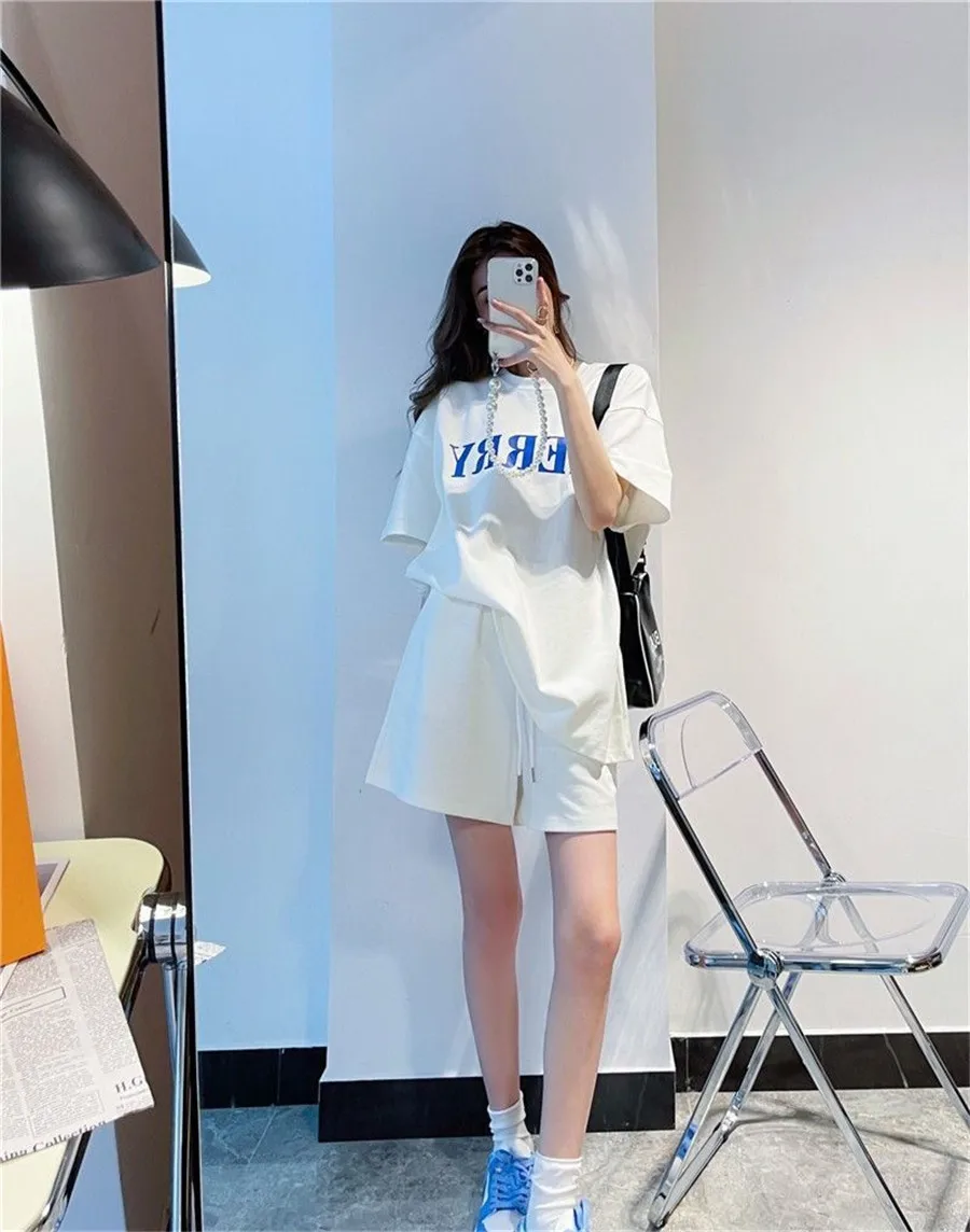 Women's Two Piece Set Pink Streetwear Letter Printing Loose O Neck Short Sleeve Pullover T-shirt+Casual Basic Short Pants Outfit tracksuit for women