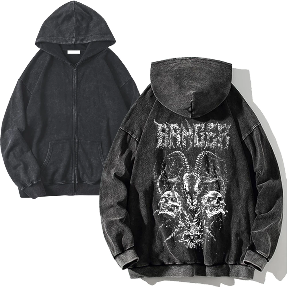 Skeleton Death Print Y2K Zip Up Hoodies 100% Cotton Men