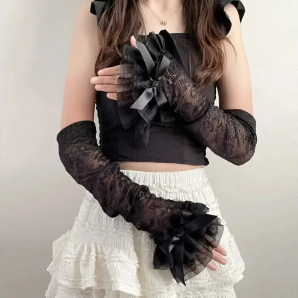Graceful Lace Bowknot Womens Sleeve Y2K Hollow Out Lace Fingerless Gloves Sun Protection Long Gloves