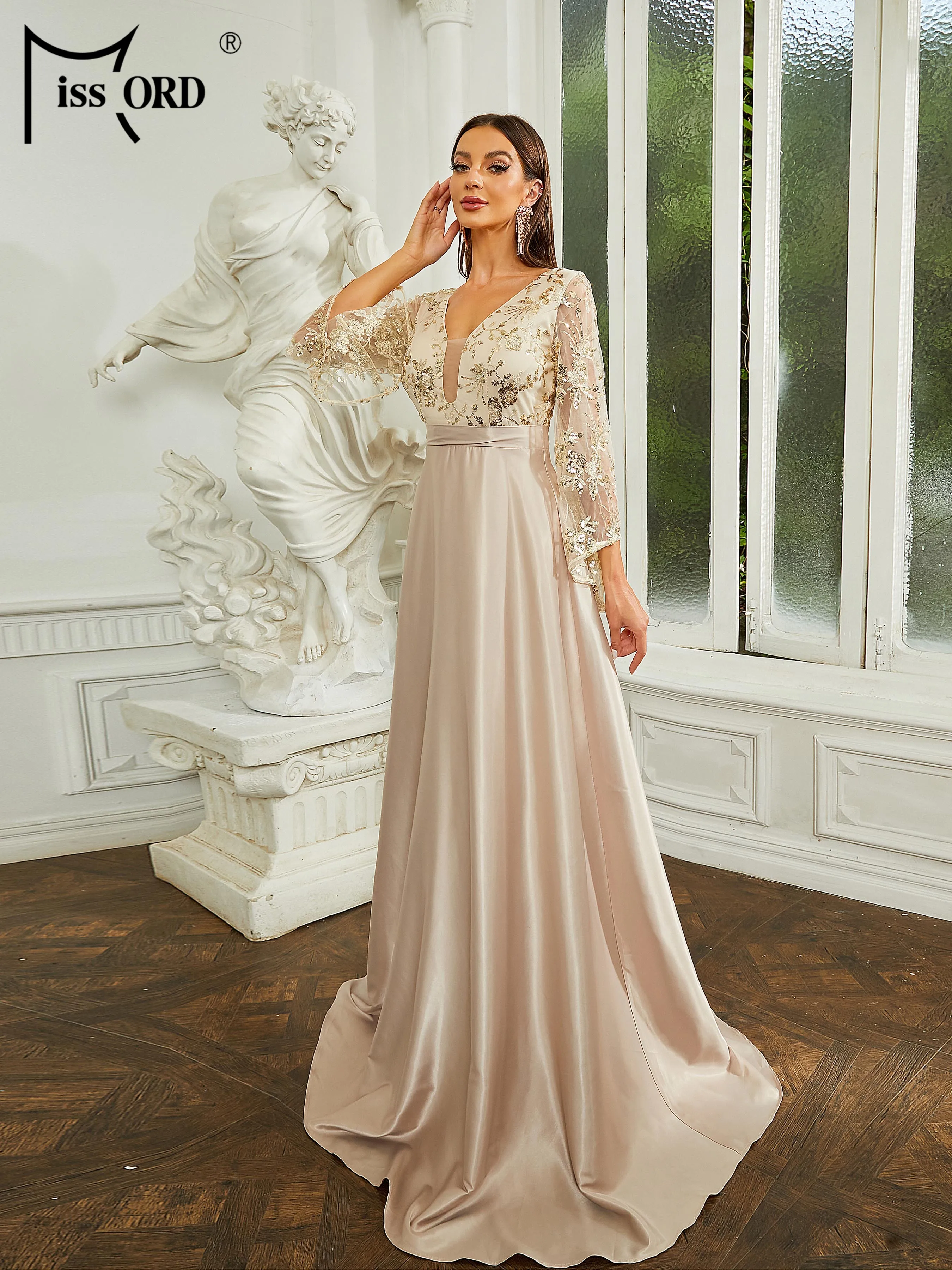 

Missord Sexy V Neck Mesh Sleeves A Line Evening Wedding Birthday Party Formal Occasion Church Apricot Dress