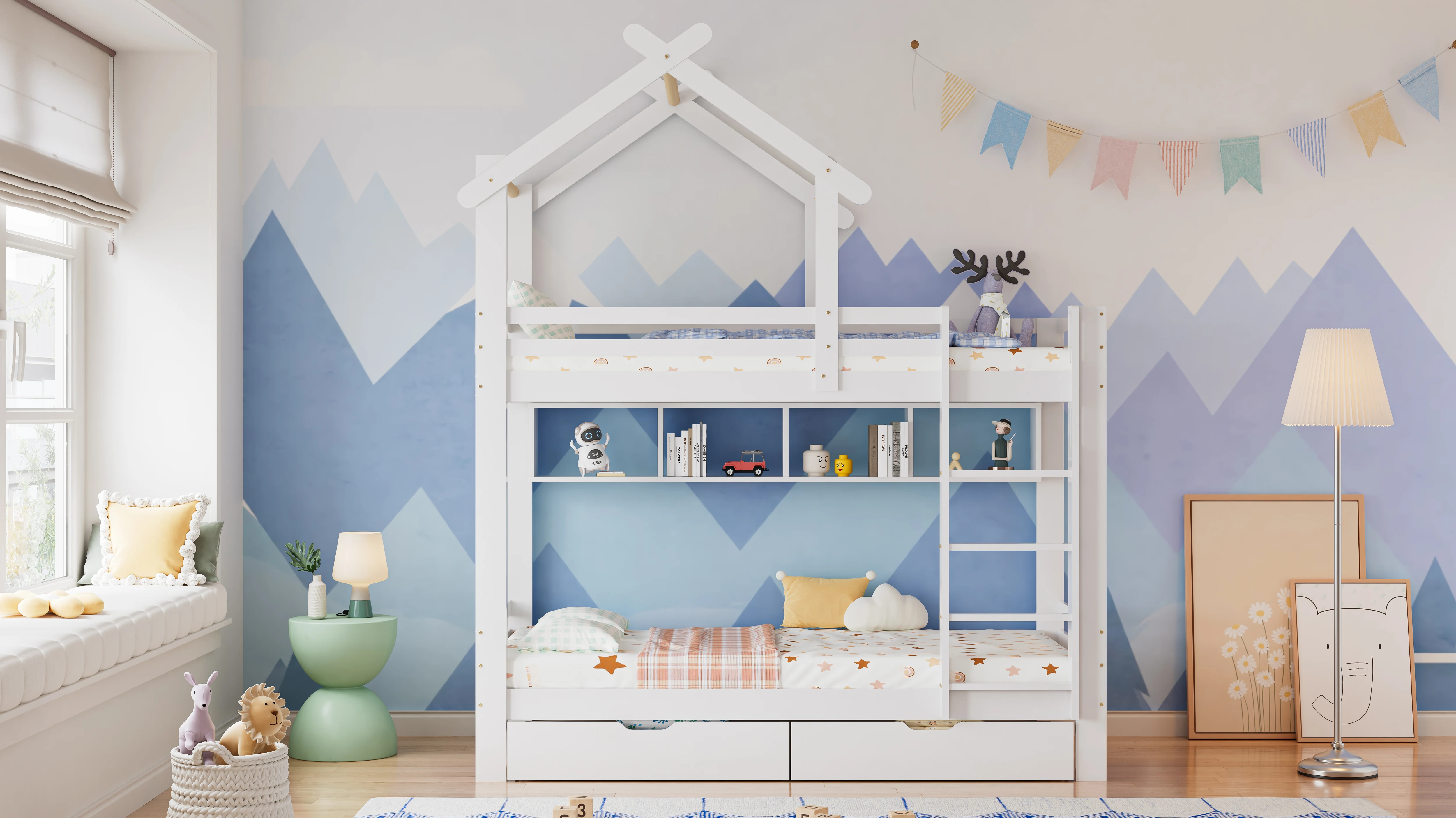 Etagenbett mit Schubladen und Regalen, Hausbett mit dreistufiger rechtwinkliger Leiter, Kinderbett mit Absturzsicherung und Geländer. – Detail 9