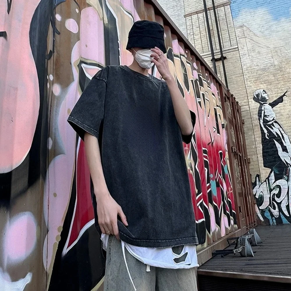 Washed Vintage Men Women T-Shirts Street Hip Hop Retro Punk T Shirt Harajuku Casual Cotton Short Sleeve Acid Wash Basics Tops