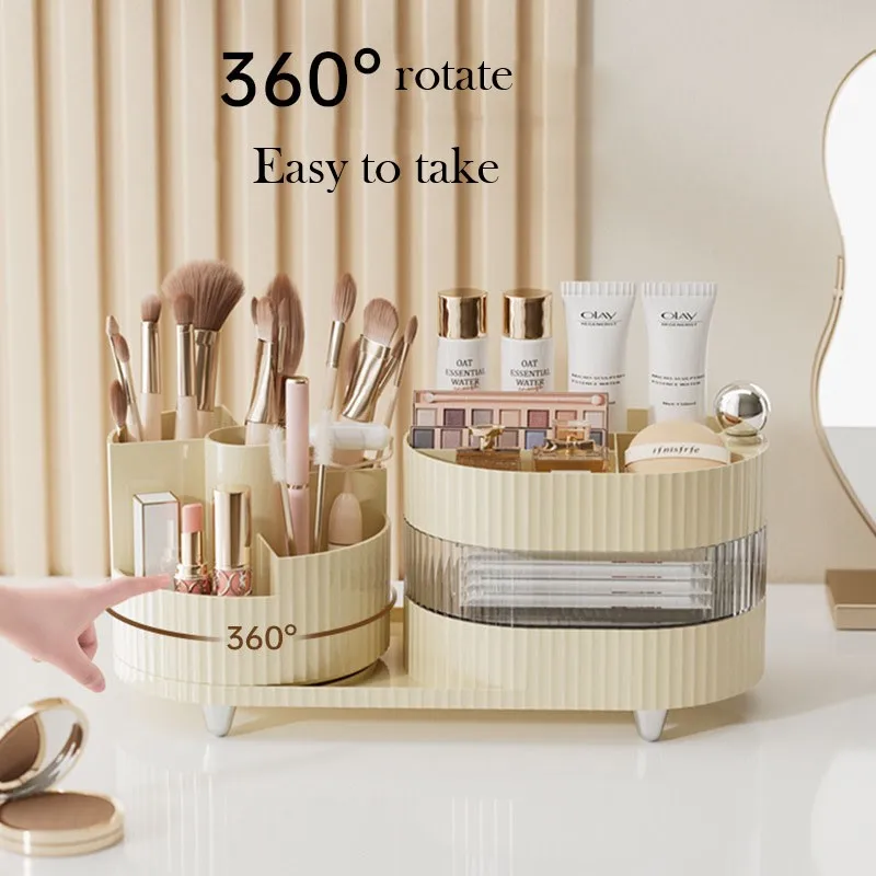 360 Rotating Makeup Organizer Spinning Cosmetic Storage Box for Vanity 3 Tier Skincare Makeup Brushes Holder Lipstick Container 5