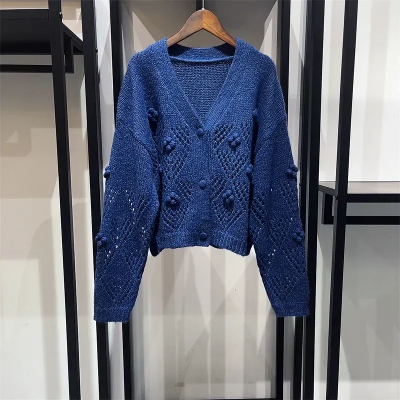 2024 여성용 복고풍 크로셰 브이넥 할로우 퍼 볼, 단색 울 혼방 루즈 가디건, 가을 및 겨울