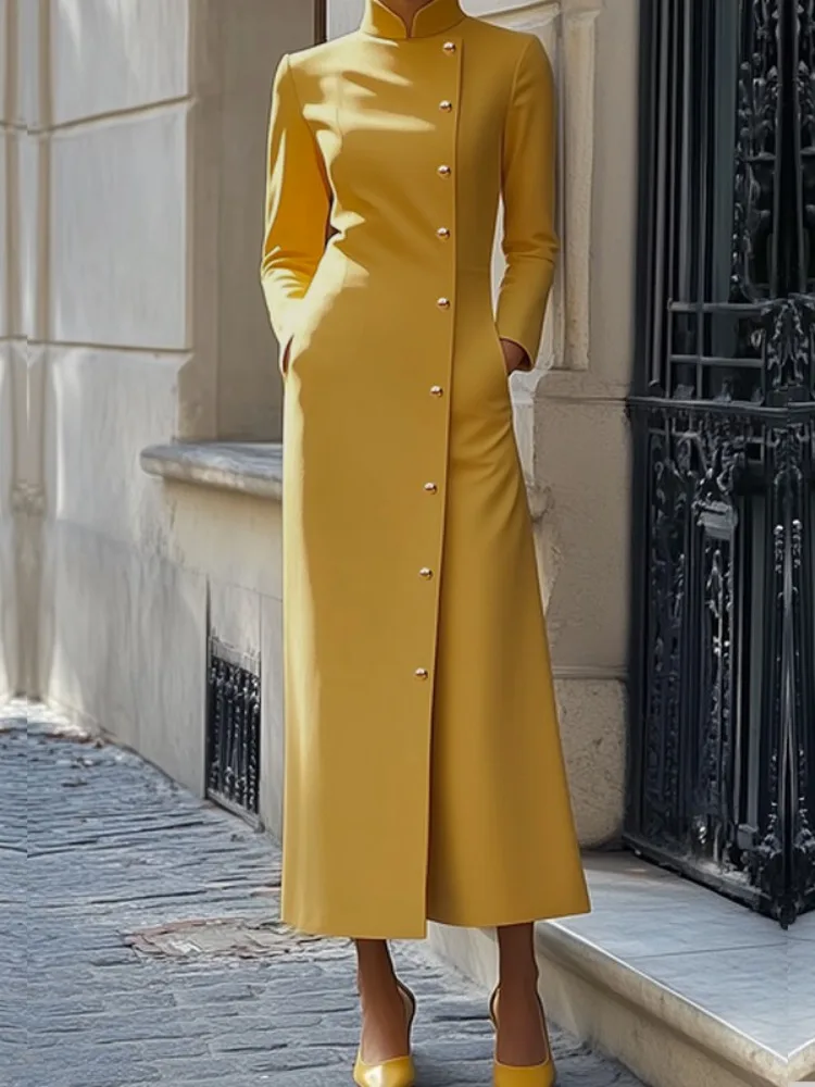 Yeezzi 2025, neues Frühjahr, Damen-Abend-Maxikleider mit Stehkragen, langen Ärmeln, einreihig, elegantes gelbes Pendelkleid