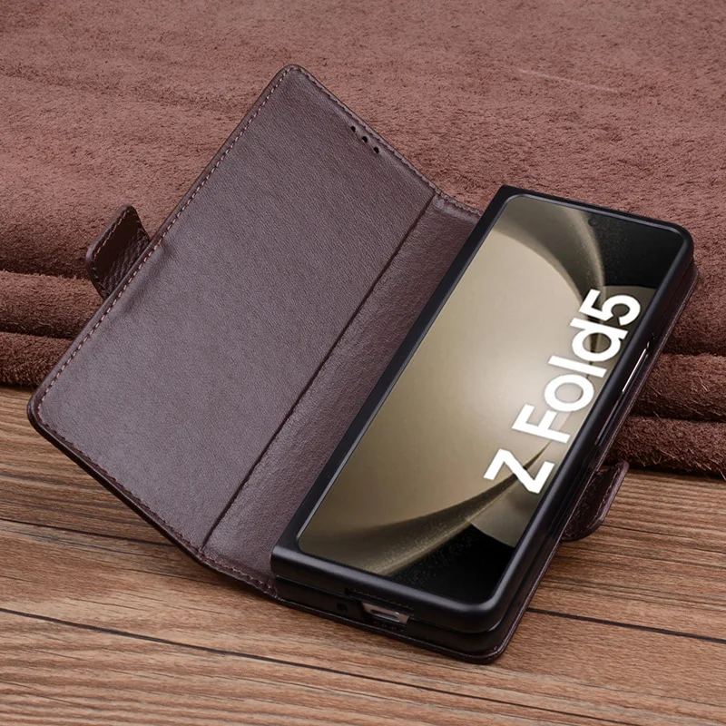 Genuine Cowhide Leather All-inclusive Flip Case For Samsung Galaxy Z Fold 5 4 3 Fold5 3D Alligator Grids Litchi Grain Full Cover