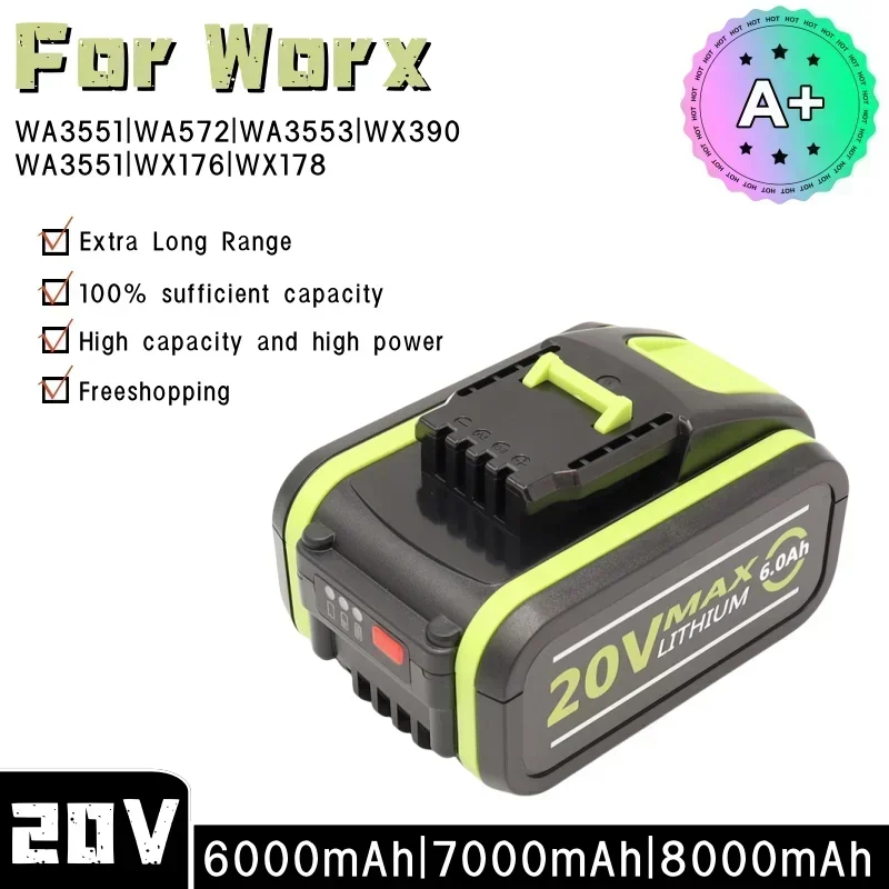 Сменная литий-ионная Батарея Worx 18000 мАч, макс. 20 в, WA3551, WA3551.1, WA3553, WA3641, WX373, WX390, инструмент для перезаряжаемых батарей
