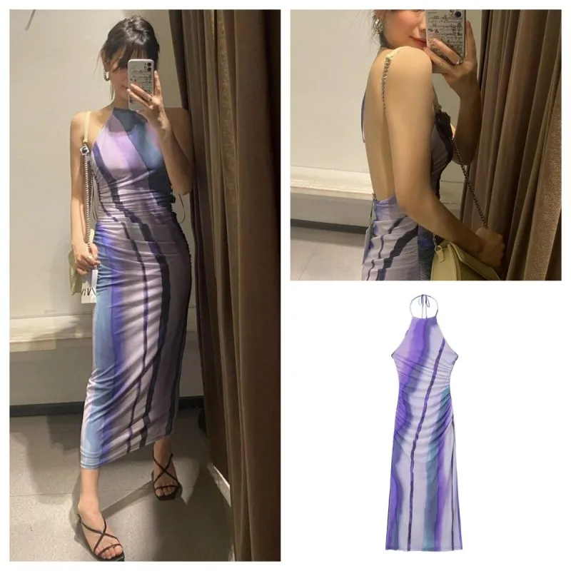 

2023 Summer New Sexy Slim Fold Decorative Tulle Printed Halter Neck Sling Dress Women's