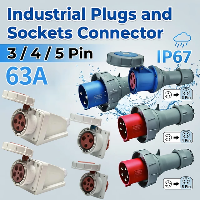 63A IP67 Waterproof Industrial Power Connector – 3P/4P/5P 415V CEE Plug & Receptacle, Heavy Duty Copper Contacts for Factory 1