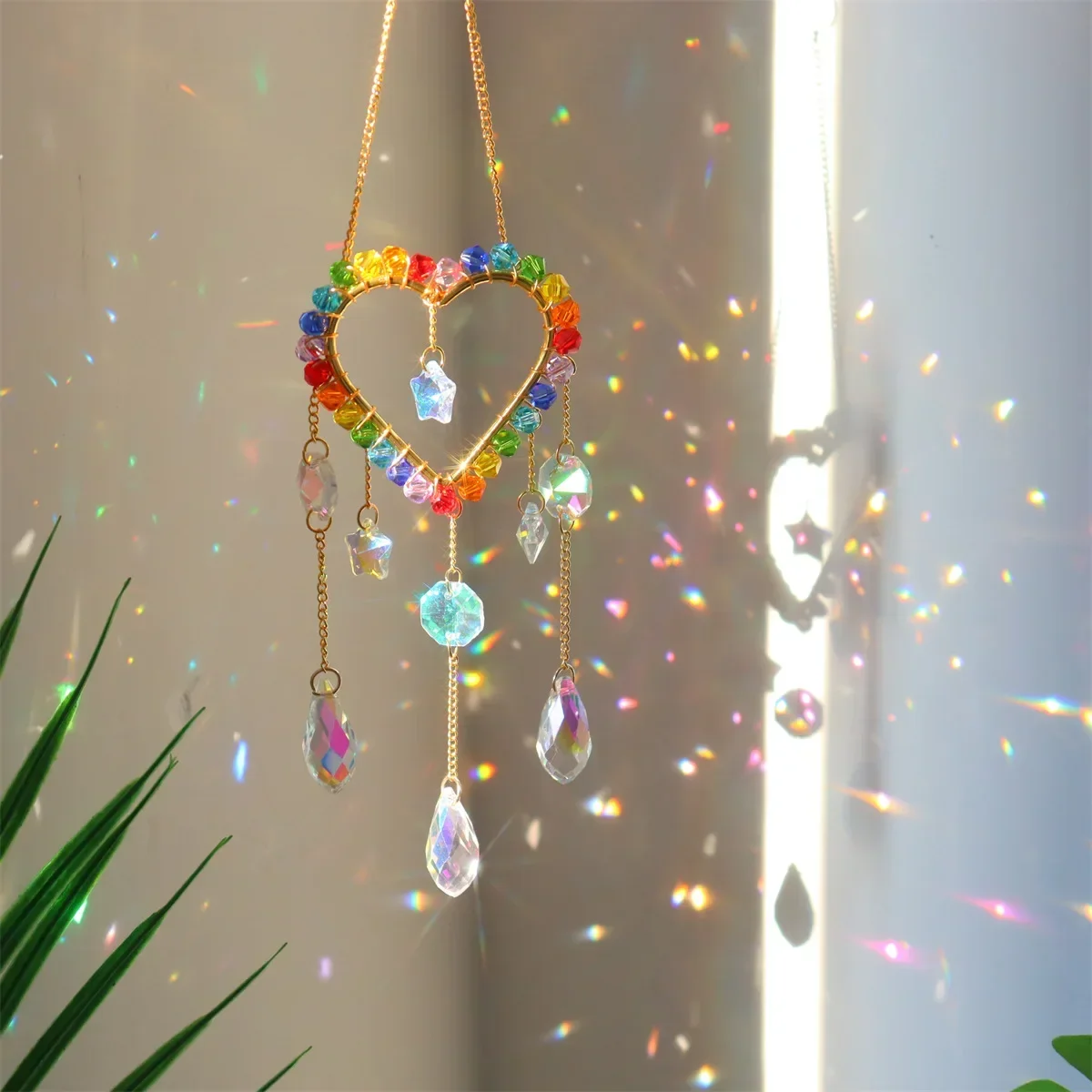 Chakra Glass Crystal Suncatcher Moon Star Heart Hanging Pendants Rainbow Prism Wind Chimes Garden Home Decor Christmas Ornament
