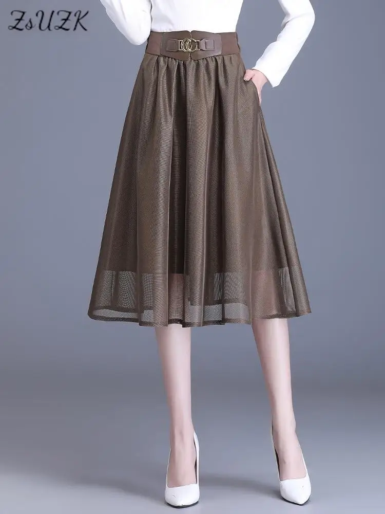 

ZUZK Women Chic Mesh Skirt Spring Fall Elastic High Waist Skirt Saia A-Line Midi Fashion Mesh Skirt Black Jupe