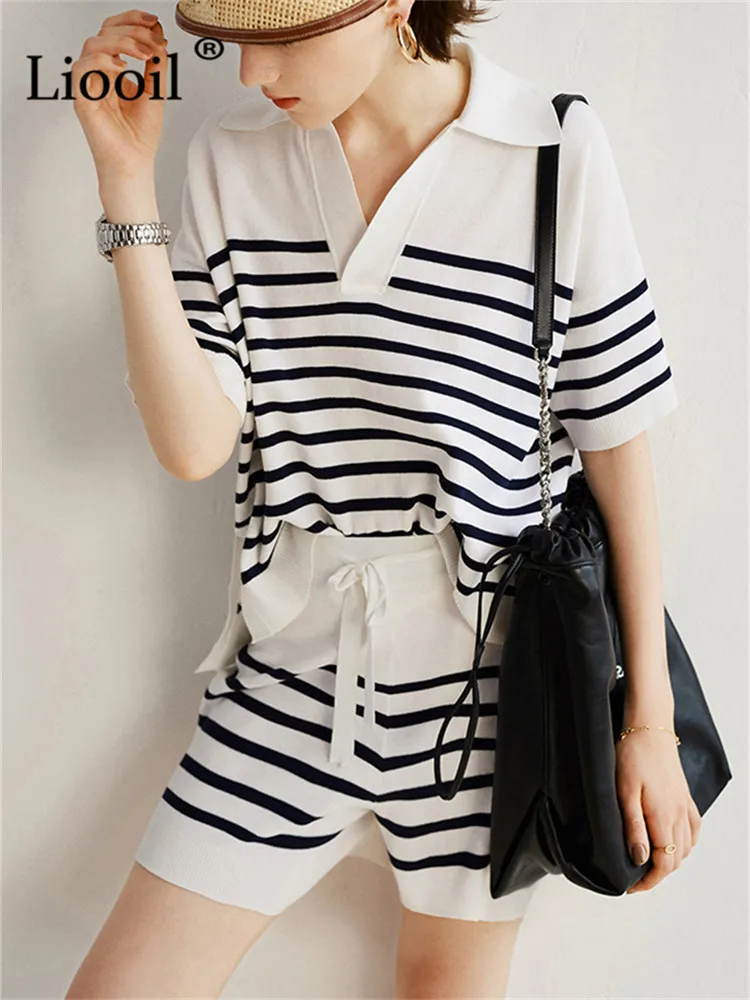 Black And White Stripe Knit Two Piece Sets Womens Outfits Jogger Summer Tops Shorts Casual Drawstring Knitted Tracksuit Set |