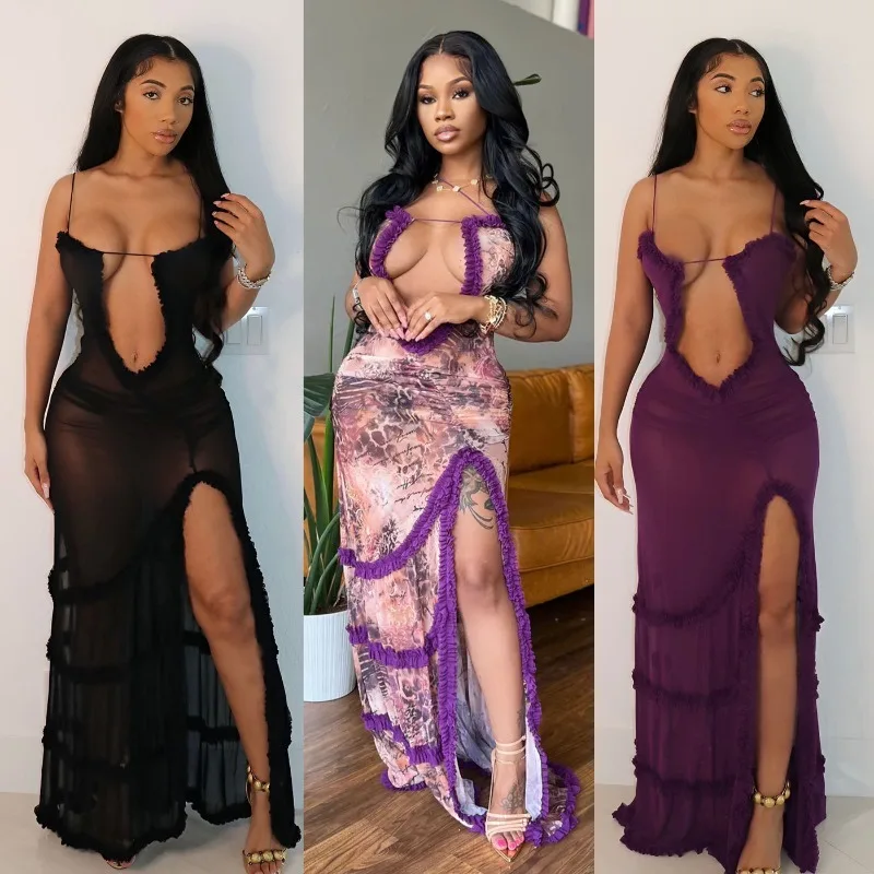 

Women Sexy Ruffles Spaghetti Straps Sheer Mesh Maxi Dress Deep V-neck High Split Backless Party Clubwear Long Beach Robe Vestido