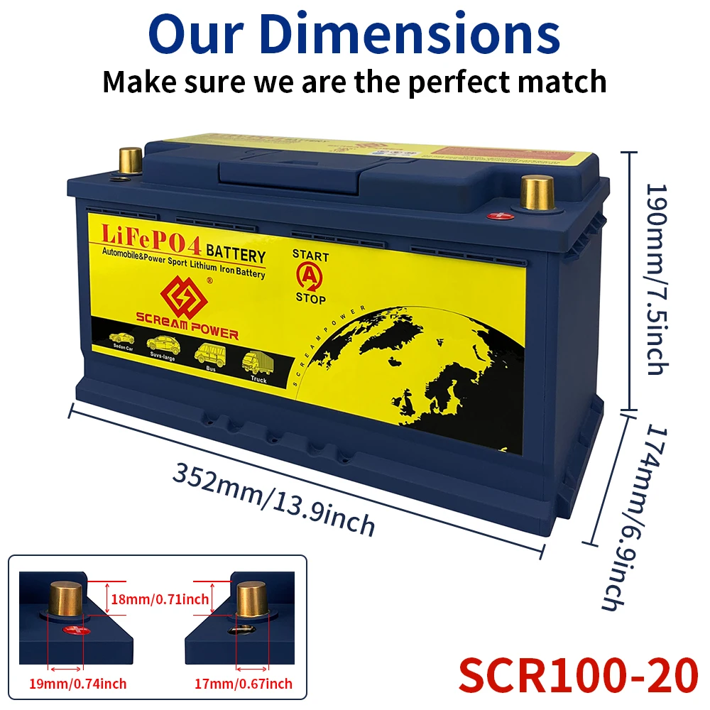 Scr100-20 High CCA1900A 12V 100Ah LiFePO4 Car Battery Is Ideal For All Types Of Cars, RVs, Solar Trailers, Boats And Camping