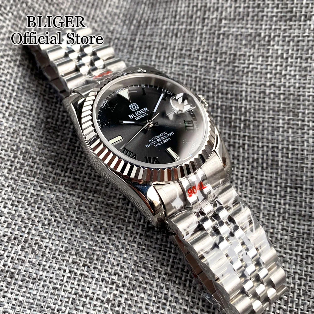 BLIGER Luxury 36mm 39mm Grey Dial Dark Green Roman Numbers NH35A Automatic Men Watch Stainless Steel Strap Sapphire Glass