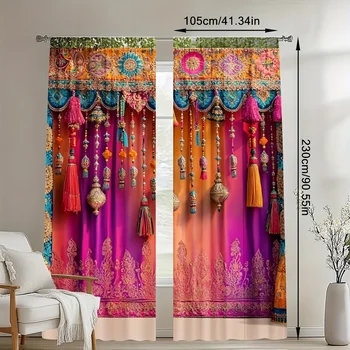 2 Pieces Ethnic Style Faux Tassel Printed Curtains 30*65 Bedroom Living Room Home Decoration Room Decor 1