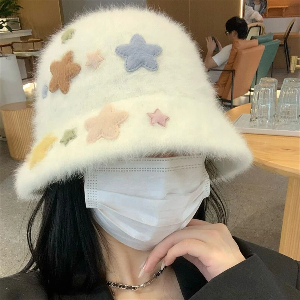

Fashion Plush Bucket Hat Women's Cute Star Fisherman's Hat Outdoor Warm Soft Winter Hat Casual Panama Ski Caps Gorros