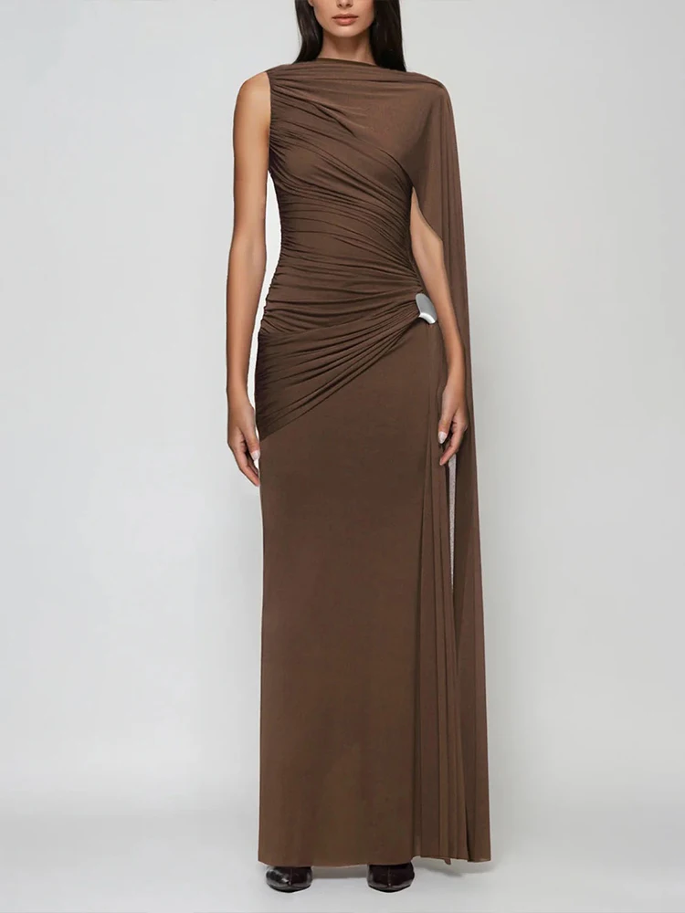 Nibber Ribbon Decoration Dress Woman o-Neck Sleeveless Ruched Elegant Gown Metal Trim High Waist Midnight Prom Party Vestidos