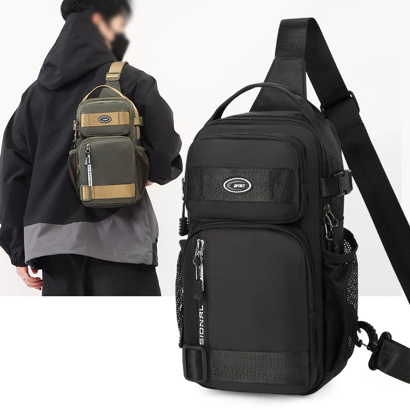 Men's multifunctional chest bag with multiple zipper compartments, suitable for outdoor sports, adjustable shoulder straps, cros