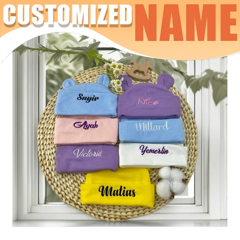 Personalized Baby Name Newborn Organic Cotton Beanie with Ears Unisex Breathable Hat Gift 0-6M Infant Daily Cap 6