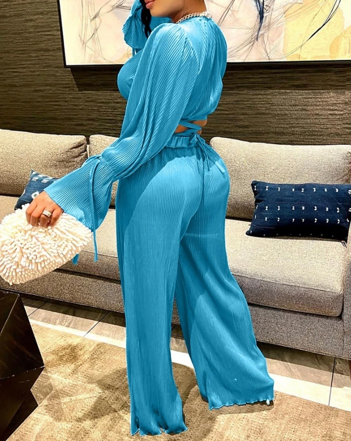 Fashion Two Piece Set 2024 Spring Summer for Women Bell Sleeve Tied Detail Crop Temperament Commuting Top & Wide Leg Pants Set