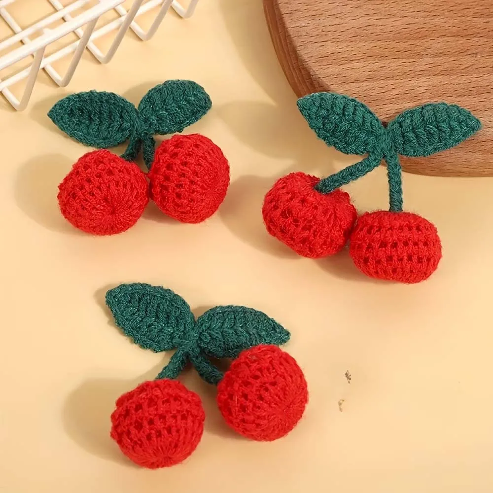 3pcs 수제 크로셰 체리 브로치, 녹색 잎사귀가 있는 체리 액세서리, DIY 공예, 가방 의류 장식, 공예용