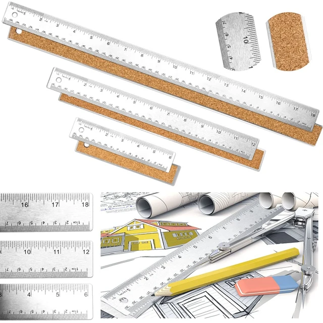 Universal Stainless Steel Ruler w/Cork Back and Hanging Hole 12 inch Silver