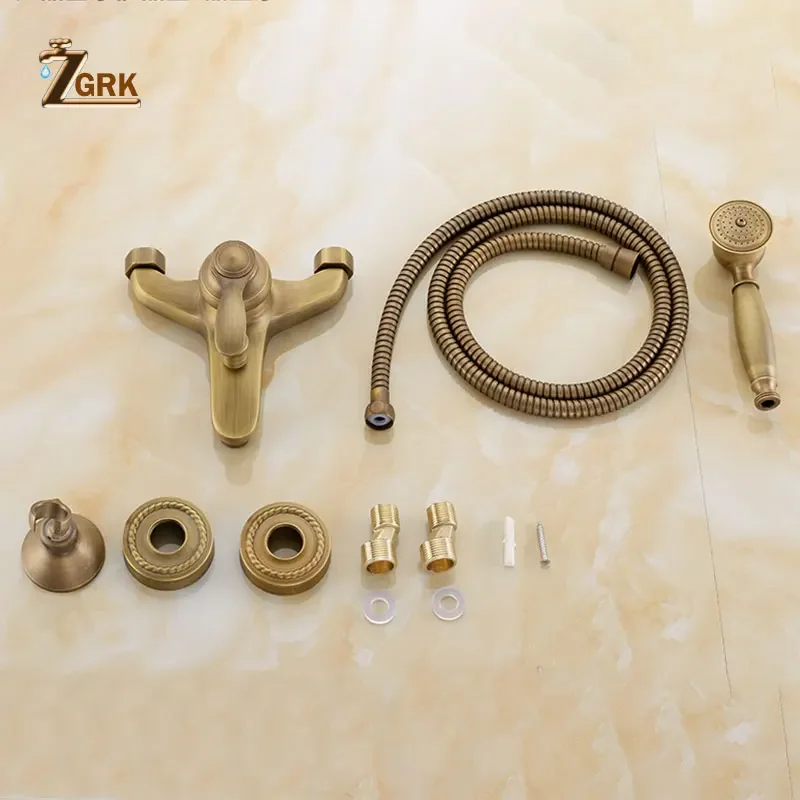 ZGRK Antique Brass Bath Faucets Shower Wall Mounted Bathroom Mixer Tap Crane With Hand Shower Head Bath Faucet