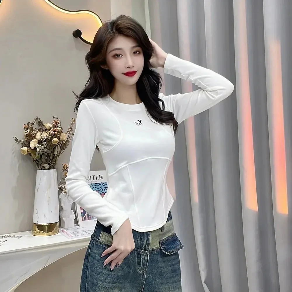 

Футболка женская с длинным рукавом, базовый пикантный Топ для женщин, одежда в Корейском стиле, модная облегающая Однотонная рубашка, весна-осень