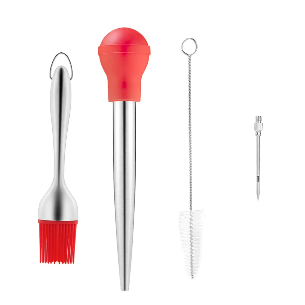 

1 Kit/4 Pcs Stainless Steel Turkey Baster Set Oil Brush Oil Dropper Silicone Seasoning Pump Oil Driping Tube Barbecue Tool (Red)