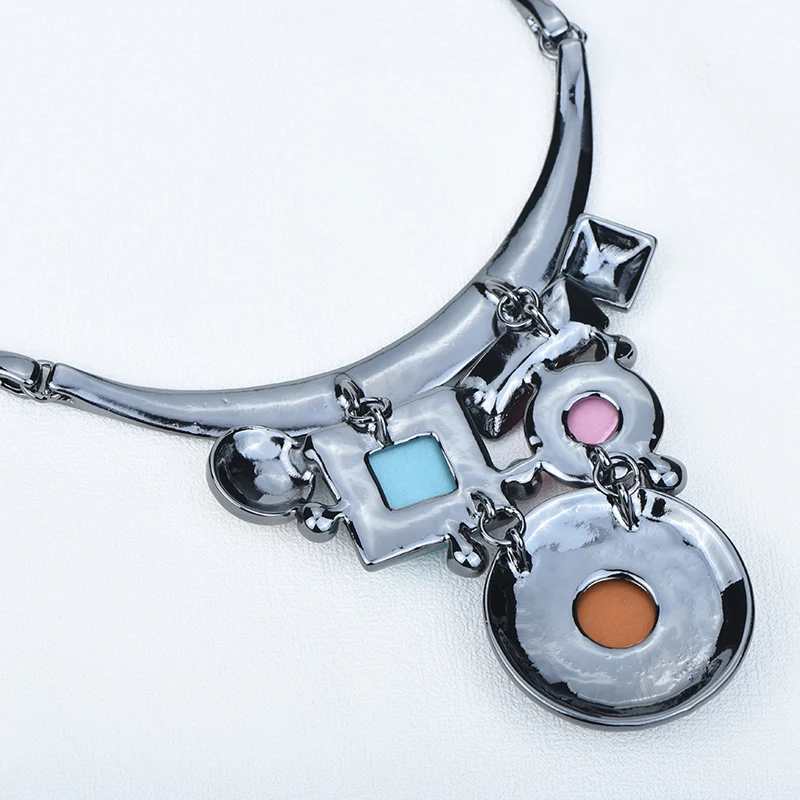 ICEYY Vintage RetroTurquoise Rhinestone Round Geometric Resin Chunky Necklace Statement Jewelry Sets