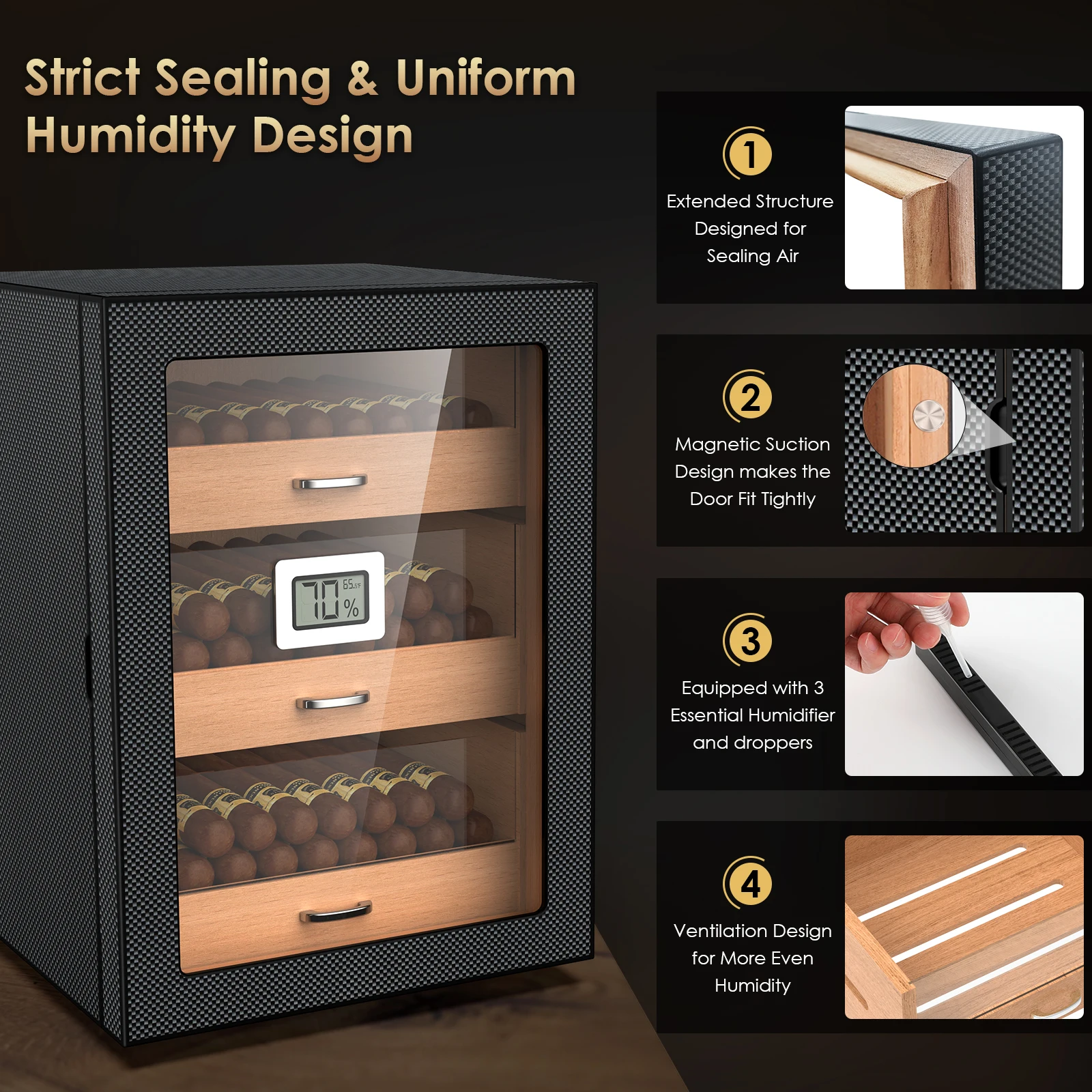 Cigar Humidor Storage 100-150 Counts 3 Layer Desktop Large Wooden Carbon Fiber humidor cigar humidor