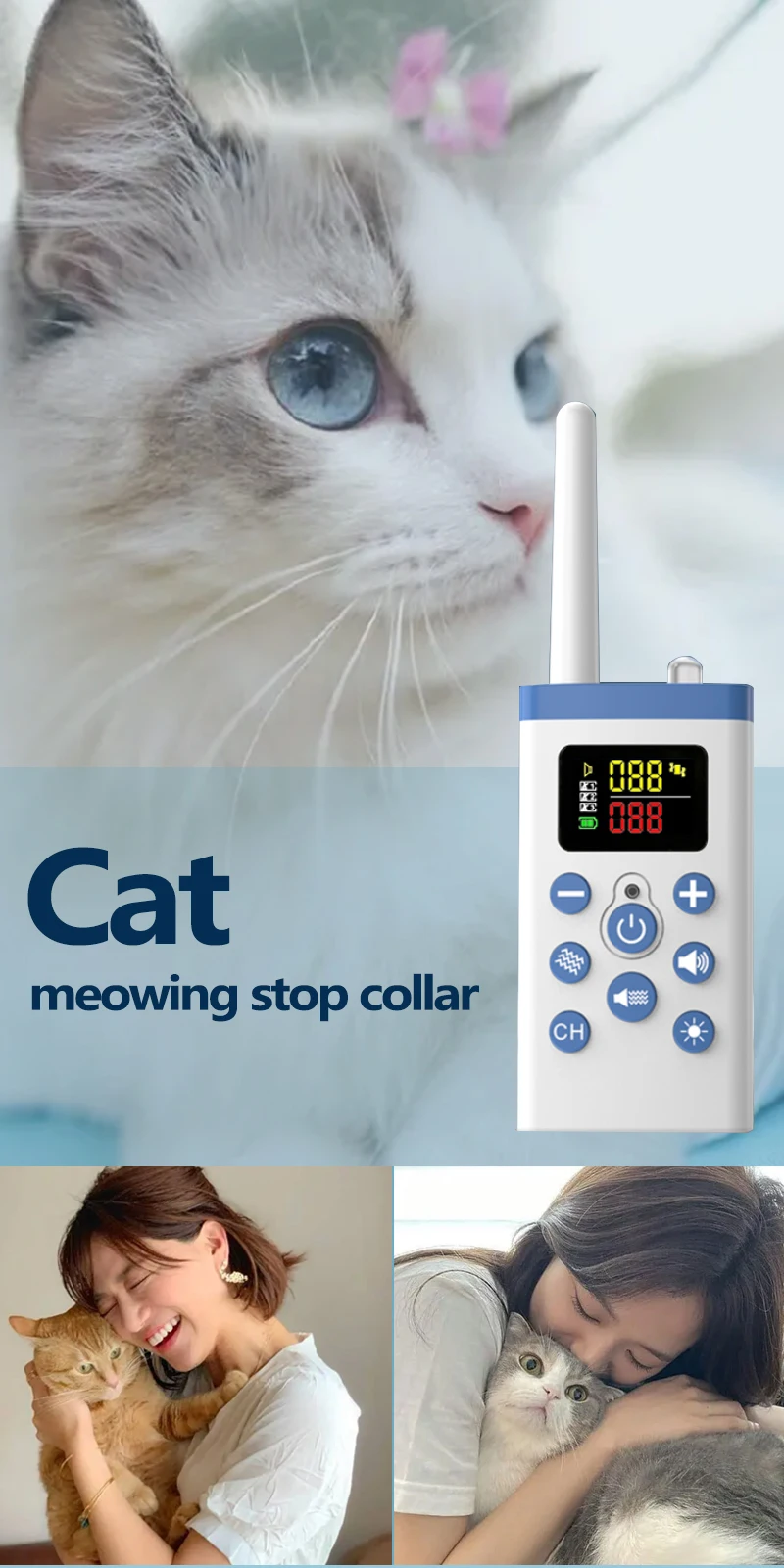 Remote Cat Anti Meowing Collar,2 IN 1 Cat Automatic Stop Meow Trainer,Cat Stop bark Collar,Black/Pink Reflective Collar