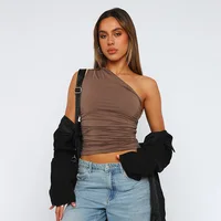 Solid Color One Shoulder Backless Shrink Tank Top T-Shirt Candy Color Tight Sexy Sleeveless Neckless Slim Casaul Top - Image 3