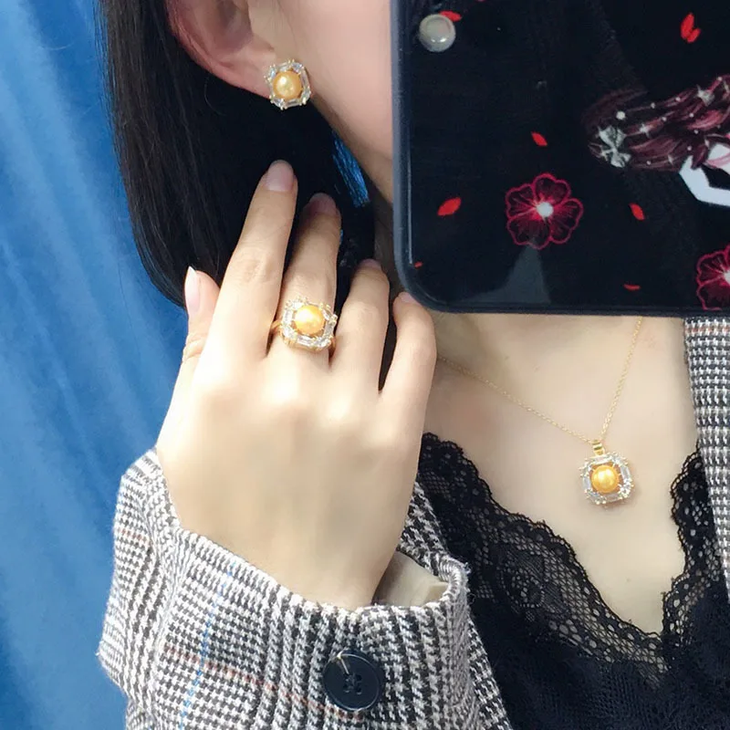 Pearl set female golden light 8-9mm pendant earrings ring set of three 18K gold-plated fashion elegant
