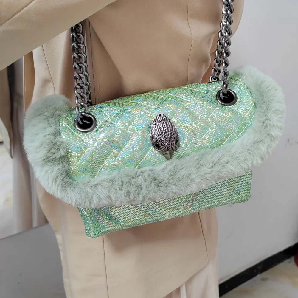 

Fashion Brand Design Bag Eagle Head Metal Winter Luxury Shiny Glitter Bag Women Fluffy Bag Sequin Quilted Fashion Cross Body
